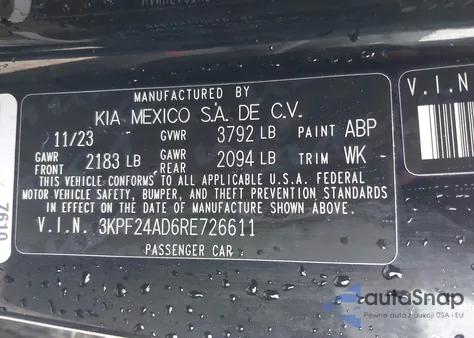 2024 Kia Forte Lxs z USA, uszkodzony, nr VIN 3KPF24AD6RE726611